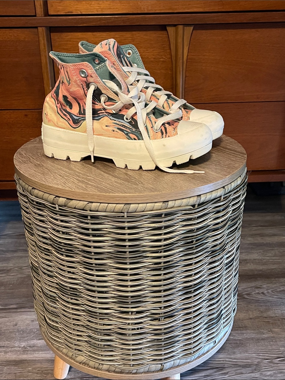 High-Top Marbled Canvas Sneakers in Peach and Teal